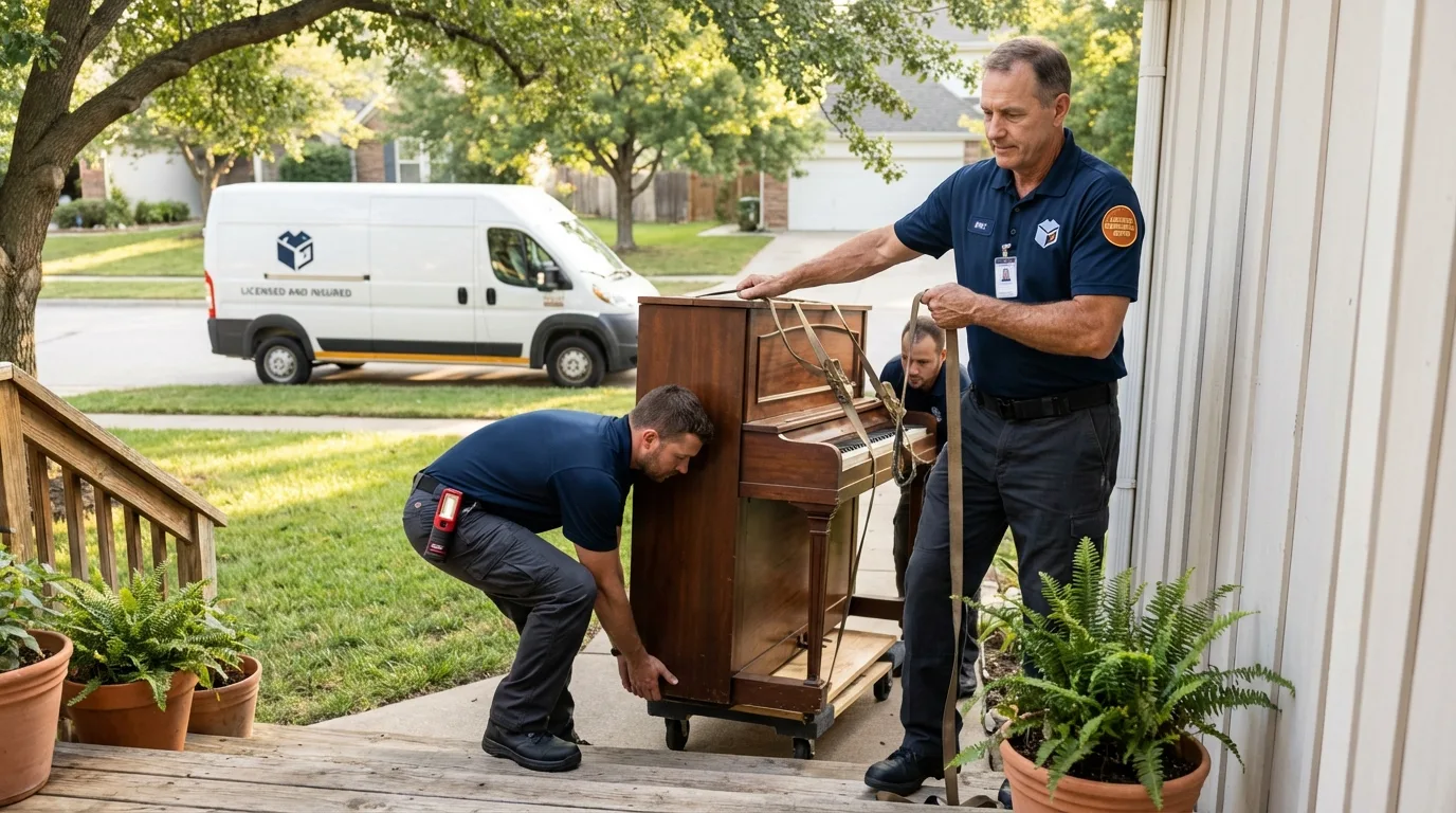 Licensed piano movers securing grand piano in Sauk Rapids, MN