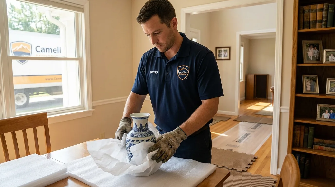 Professional crew carefully wrapping antique vase for senior downsizing move in Sauk Rapids, MN